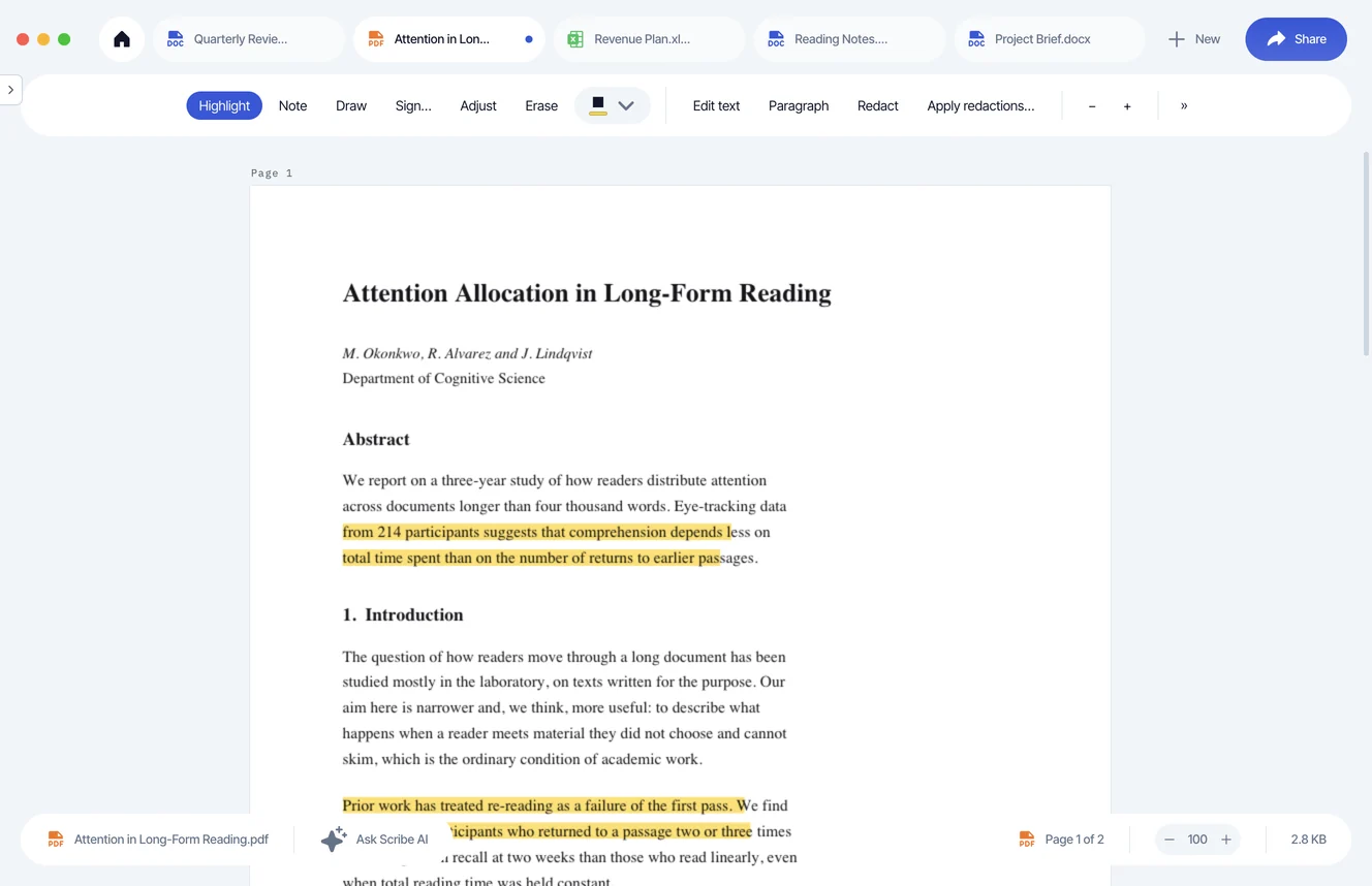 A research paper open in Scribe with two passages highlighted and the highlighter still in hand.